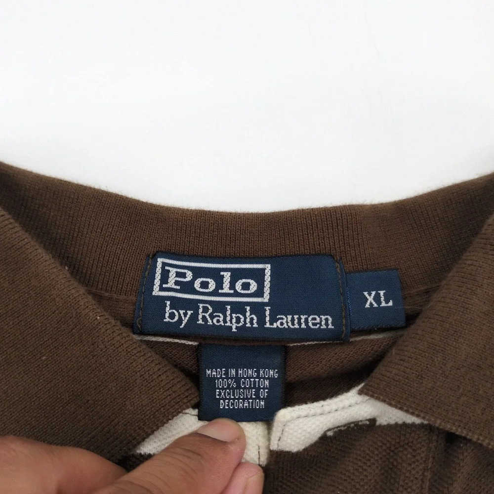 VTG Polo Ralph Lauren Polo Shirt XL Brown Cotton Striped Short Sleeve Y2K Preppy